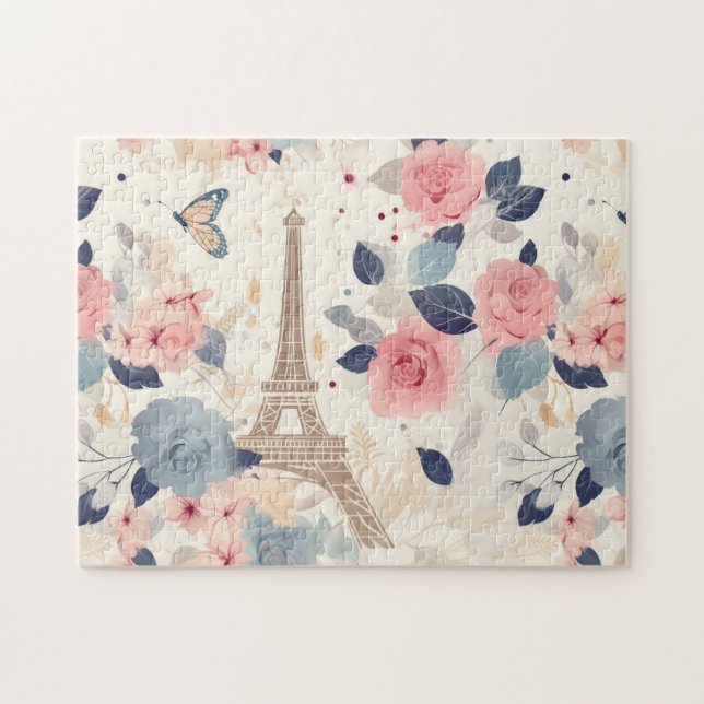 Beautiful Flowers and Eiffel Tower Paris Jigsaw Puzzle (Horizontal)