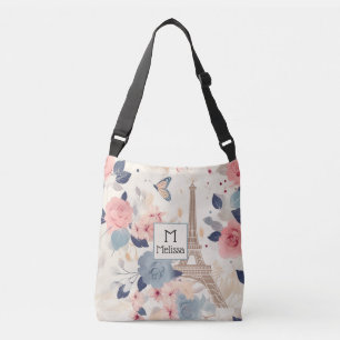 Beautiful Flowers and Eiffel Tower Paris Monogram Crossbody Bag