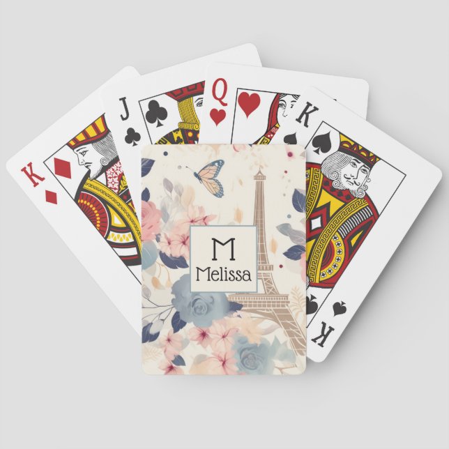 Beautiful Flowers and Eiffel Tower Paris Monogram Poker Cards (Back)