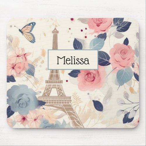 Beautiful Flowers and Eiffel Tower Paris Mouse Pad