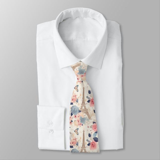 Beautiful Flowers and Eiffel Tower Paris Neck Tie (Tied)
