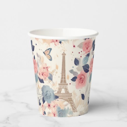 Beautiful Flowers and Eiffel Tower Paris Paper Cups