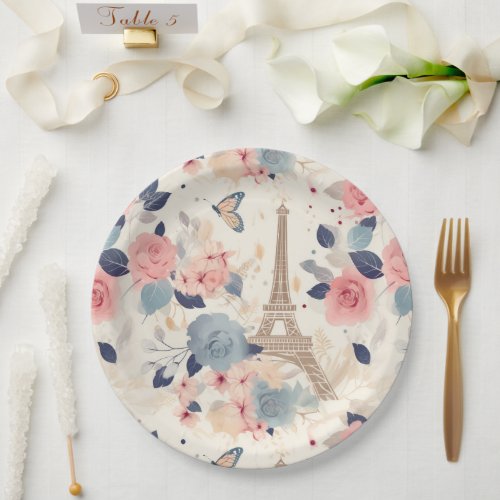 Beautiful Flowers and Eiffel Tower Paris Paper Plates