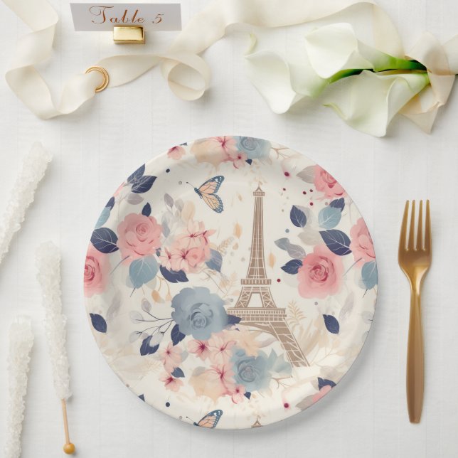 Beautiful Flowers and Eiffel Tower Paris Paper Plates (Wedding)
