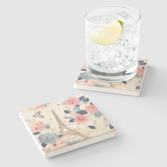 Beautiful Flowers and Eiffel Tower Paris Stone Coaster (Side)