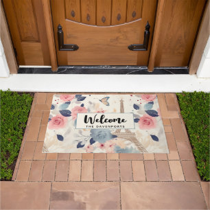 Beautiful Flowers and Eiffel Tower Paris Welcome Doormat
