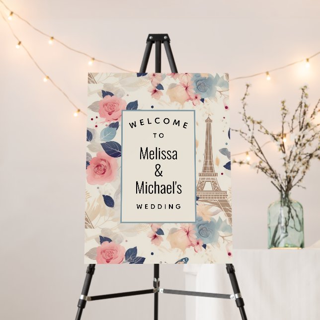 Beautiful Flowers and Eiffel Tower Wedding Welcome Foam Board (In Situ (Stand))