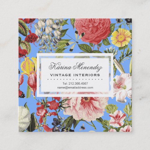 Beautiful Flowers and Insects Garden Floral Blue Square Business Card