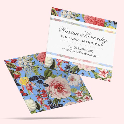 Beautiful Flowers and Insects Garden Floral Blue Square Business Card