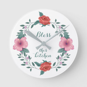 Beautiful Flowers, Bless this Kitchen Round Clock