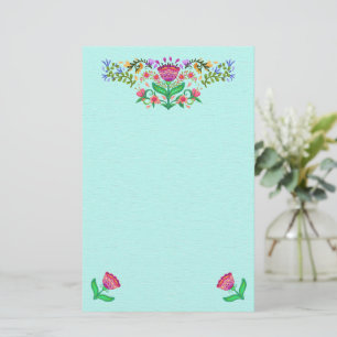 Beautiful Flowers Boho Style Pink on Aqua Stationery
