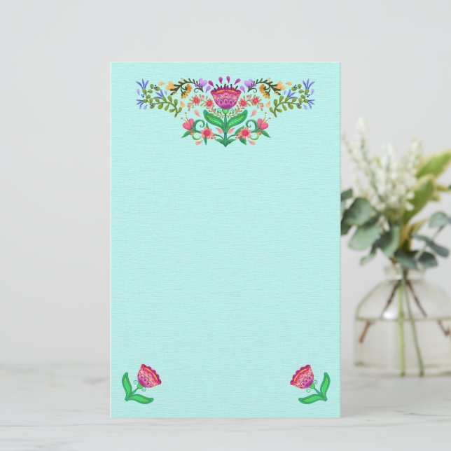 Beautiful Flowers Boho Style Pink on Aqua Stationery (Standing Front)