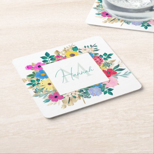 Beautiful Flowers Botanical Watercolor Painting Square Paper Coaster