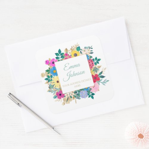 Beautiful Flowers Botanical Watercolor Painting Square Sticker