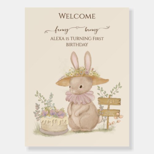 Beautiful Flowers Bunnies 1st Birthday welcome Foam Board