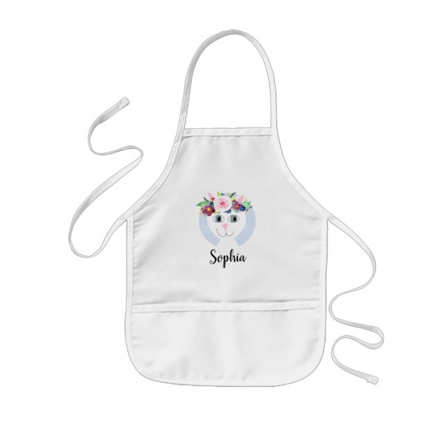 Beautiful Flowers Cute Watercolor Cat with Name Kids' Apron (Front)