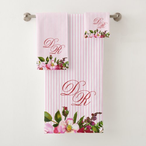 Beautiful Flowers Elegant Monogram PInk Stripes   Bath Towel Set