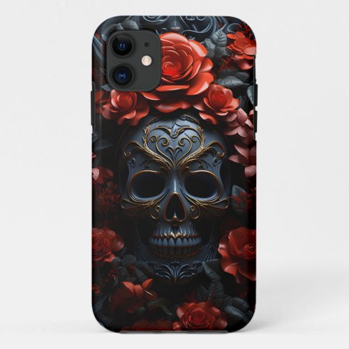 Beautiful Flowers Halloween Skull In Red Roses iPhone 11 Case