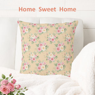 Beautiful Flowers in Pastel Color on Beige Throw Pillow