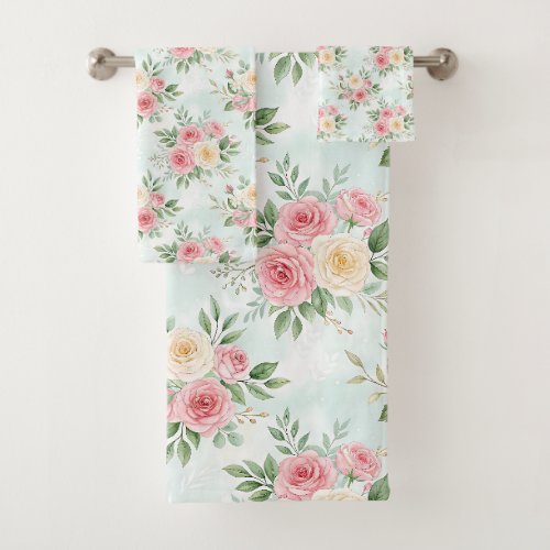 Beautiful Flowers in Pastel Color on Light Blue  Bath Towel Set