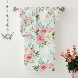 Beautiful Flowers in Pastel Color on Light Blue Bath Towel Set