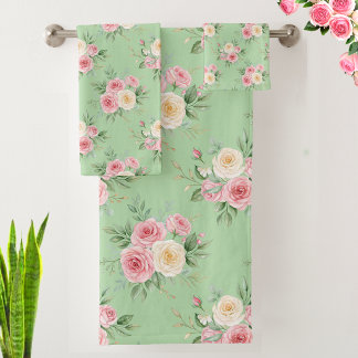 Beautiful Flowers in Pastel Color on Pale Green Bath Towel Set