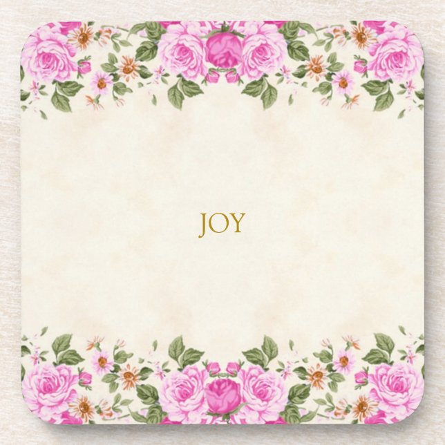 Beautiful Flowers & Joy Text Beverage Coaster (Front)