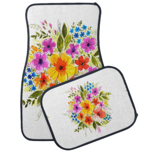 Beautiful flowers, leaves, buds and grass, painted car floor mat