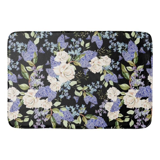 Beautiful Flowers Lilac Roses Purple Blue on Black Bath Mat (Front)
