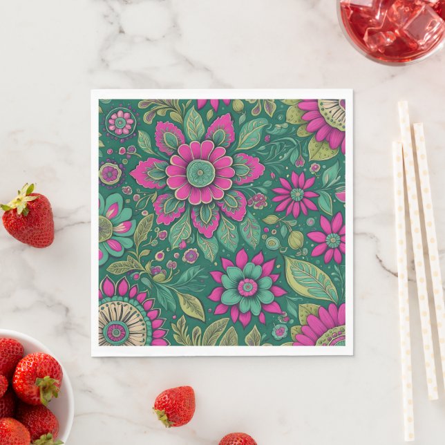 Beautiful Flowers Mandala Blossoms pink green Napkins (Insitu)