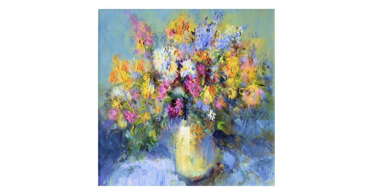 Beautiful Flowers Oil Painting In Vase Acrylic Acrylic Print Zazzle Com