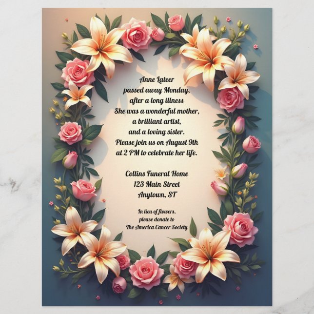 Beautiful Flowers on Gradient Background Memorial Letterhead (Front)