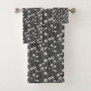 Beautiful Flowers on Plant Leaves in Gray Shades Bath Towel Set