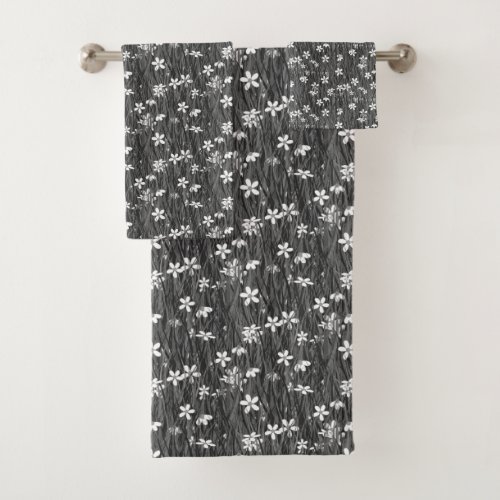 Beautiful Flowers on Plant Leaves in Gray Shades Bath Towel Set