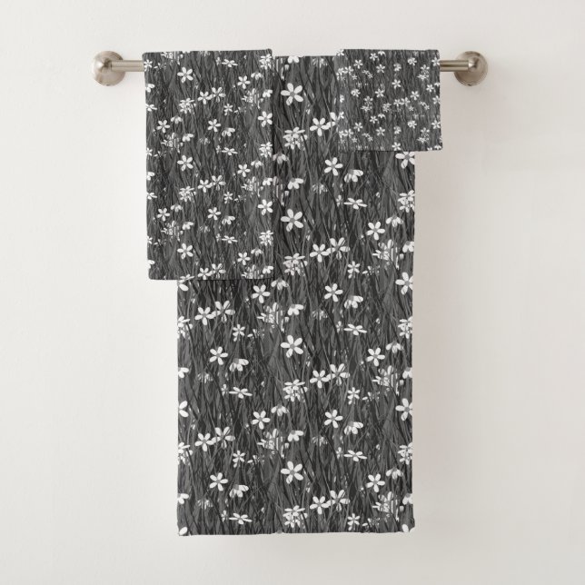 Beautiful Flowers on Plant Leaves in Gray Shades Bath Towel Set (Insitu)