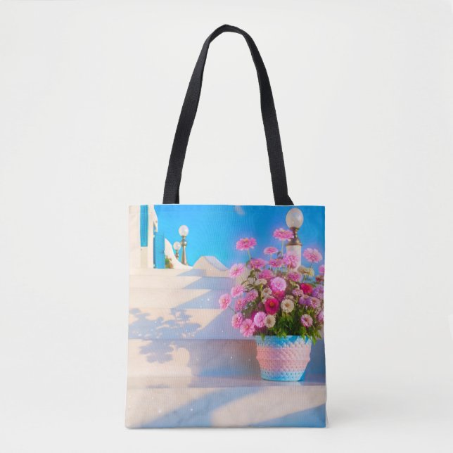 Beautiful flowers on white steps Tote Bag (Front)