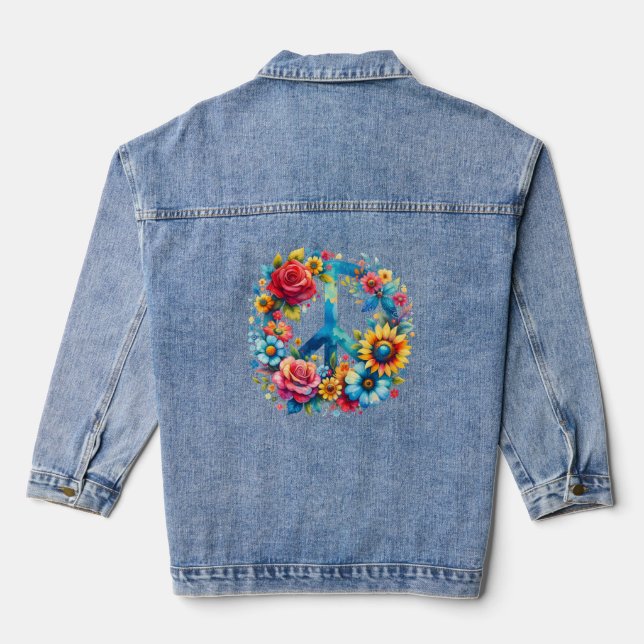 Beautiful Flowers Peace Sign Denim Jacket (Back)