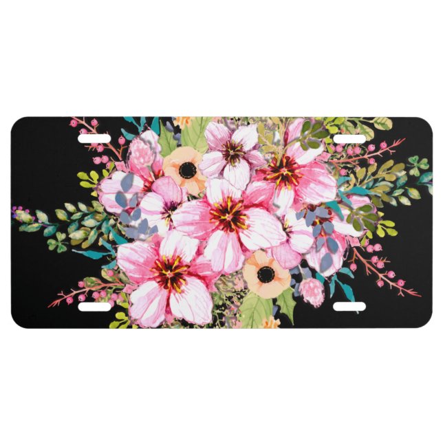 Beautiful Flowers Pop off Black License Plate (Front)