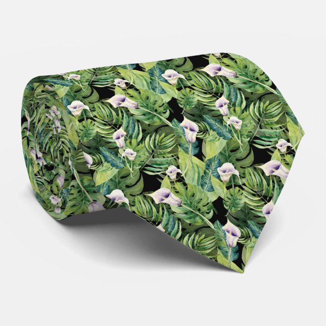 Beautiful flowers tropical leaves floral pattern neck tie (Rolled)