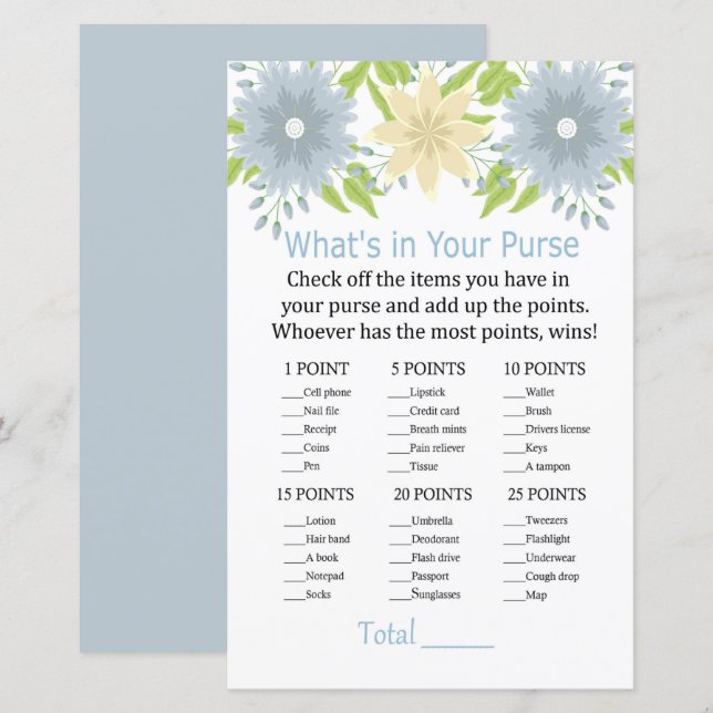 Beautiful flowers What's in your purse game (Front/Back)