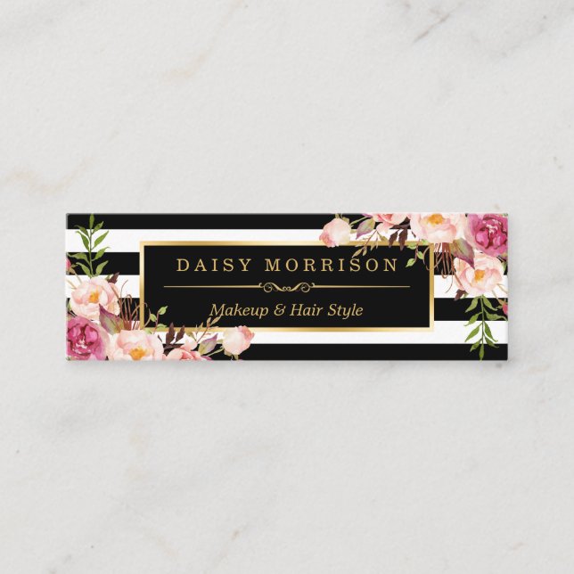 Beautiful Flowers Wrapping Gold B&W Stripes Mini Business Card (Front)