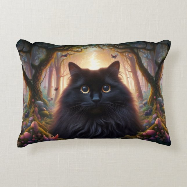 Beautiful Fluffy Black Cat with Gold Eyes Accent Pillow (Front)