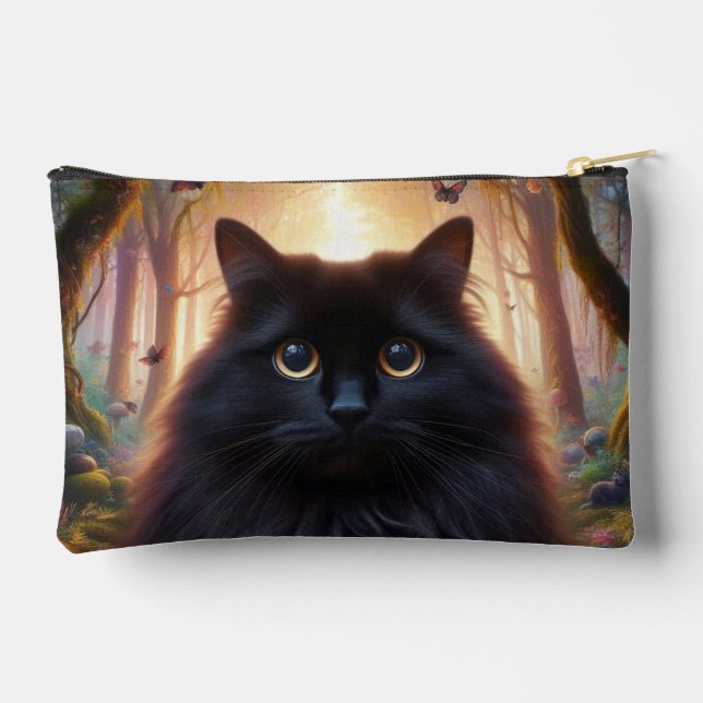 Beautiful Fluffy Black Cat with Gold Eyes Accessory Pouch (Back)