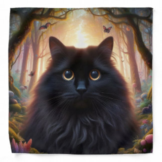 Beautiful Fluffy Black Cat with Gold Eyes Bandana