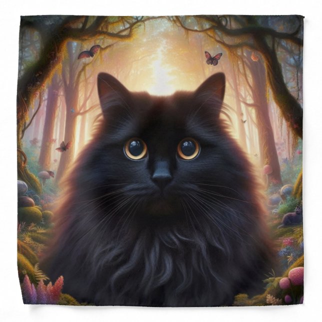 Beautiful Fluffy Black Cat with Gold Eyes Bandana (Front)
