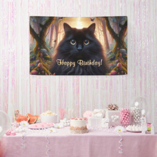 Beautiful Fluffy Black Cat with Gold Eyes Birthday Banner