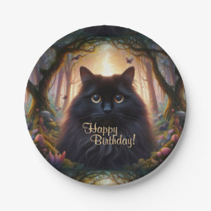 Beautiful Fluffy Black Cat with Gold Eyes Birthday Paper Plates