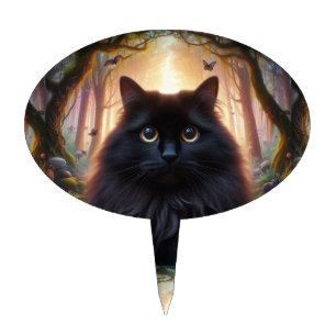 Beautiful Fluffy Black Cat with Gold Eyes Cake Topper