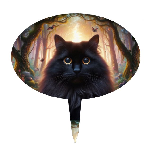 Beautiful Fluffy Black Cat with Gold Eyes Cake Topper (Front)