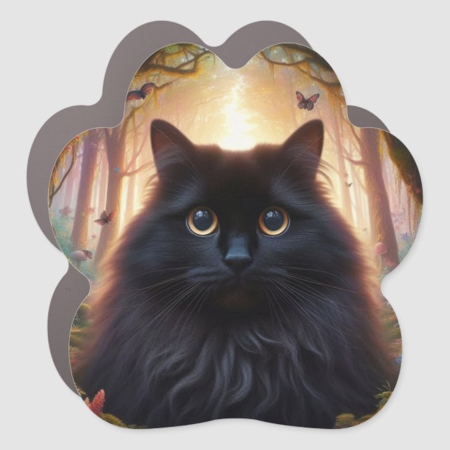 Beautiful Fluffy Black Cat with Gold Eyes Car Magnet (Front)